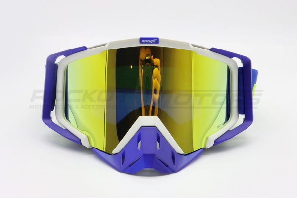 Мотоочки кроссовые ROCKOT (Рокот) RM - 323 (белый - синий/золотистая, REVO Light, Anti - Scratch/Anti - Fog) | Мототека